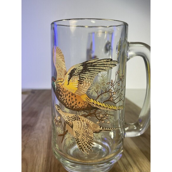 VTG Painted Glass 2 Beer Mugs Pheasant Grouse Hunting Game Birds MCM Man Cave - Picture 8 of 12